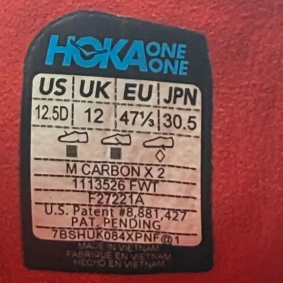 Hoka One One Carbon X 2 Men's Size 12.5 D Red White Running Shoes Sneakers - Picture 8 of 8